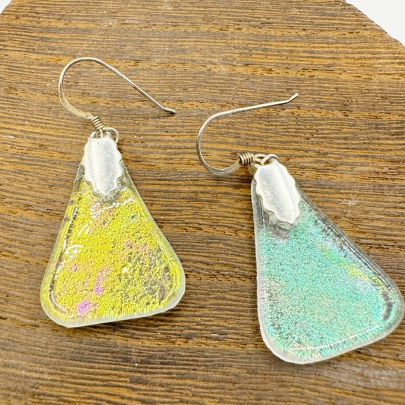 Iridescent recycled glass triangular sterling silver dangle earrings whimsical - Picture 9 of 11